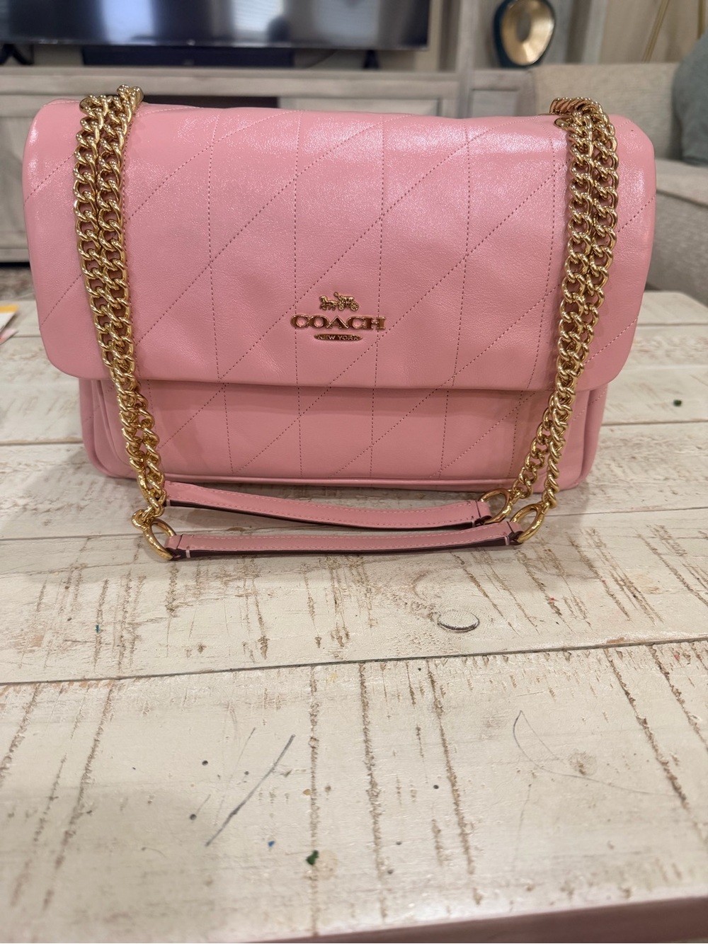 Coach Pink Quilted Shoulder Bag with Gold Chain Strap